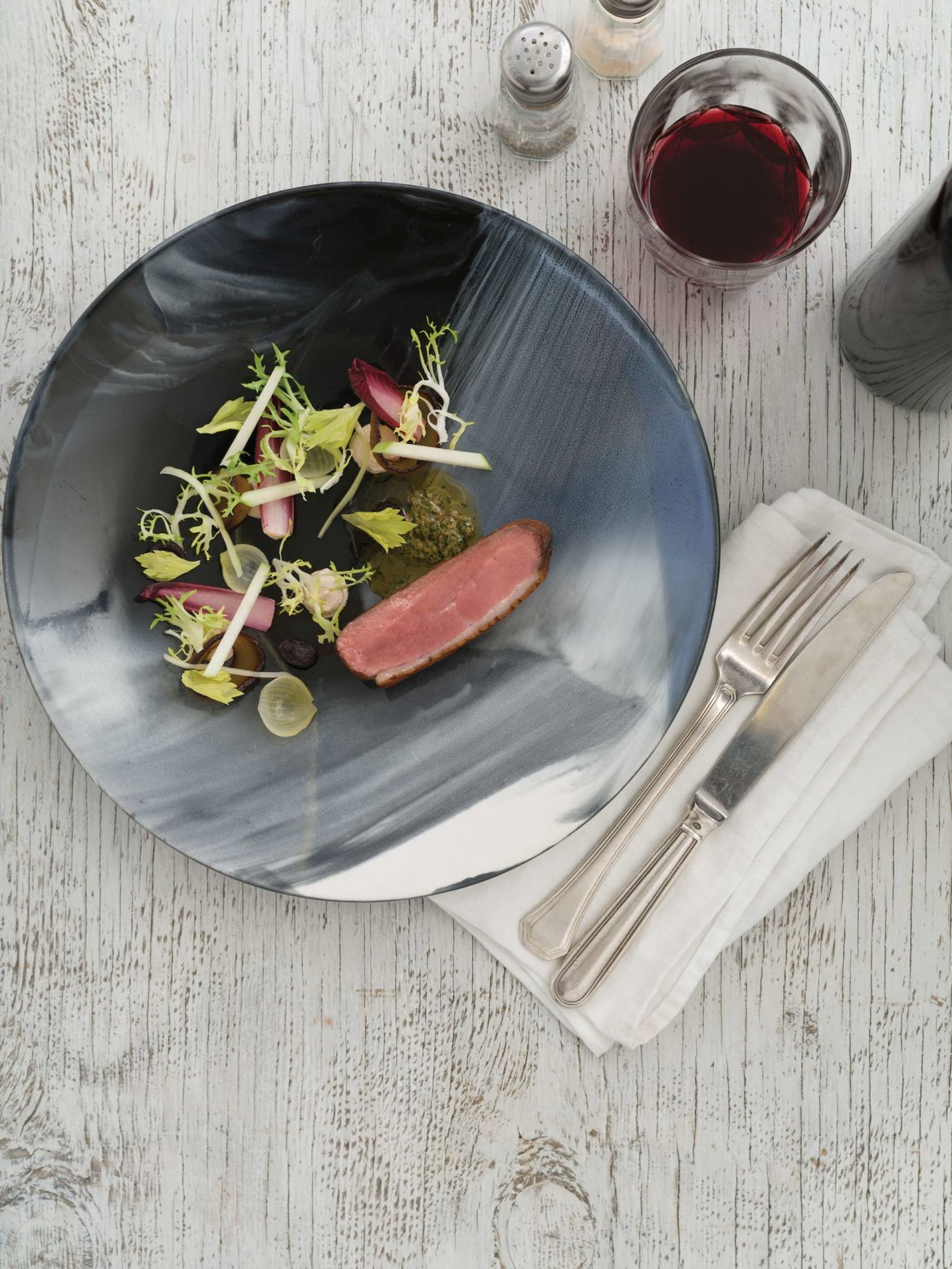 Smoked duck breast, apple salad, walnut puree and semi-dehydrated blueberries