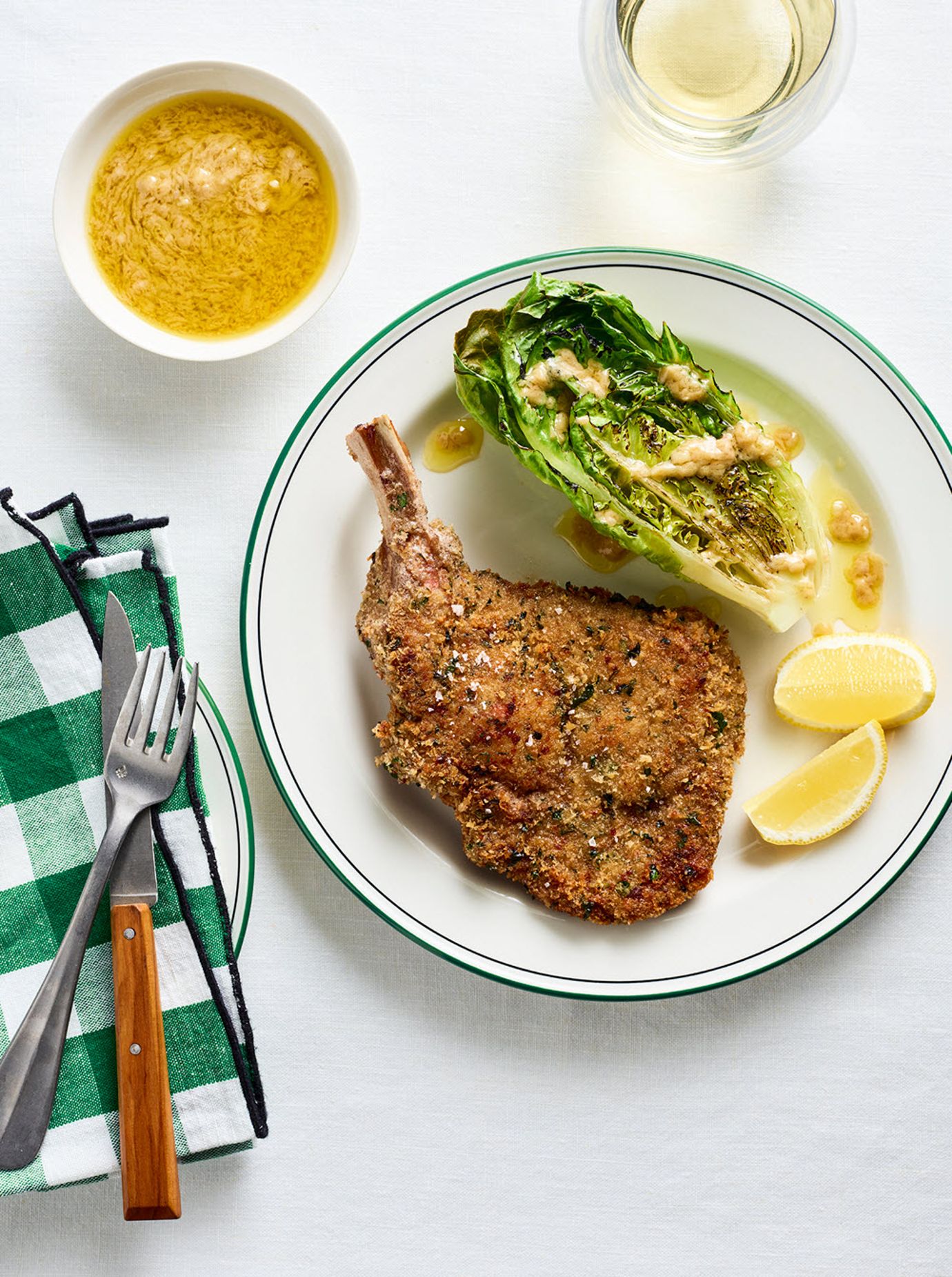 Milanese with charred lettuce and anchovy vinaigrette