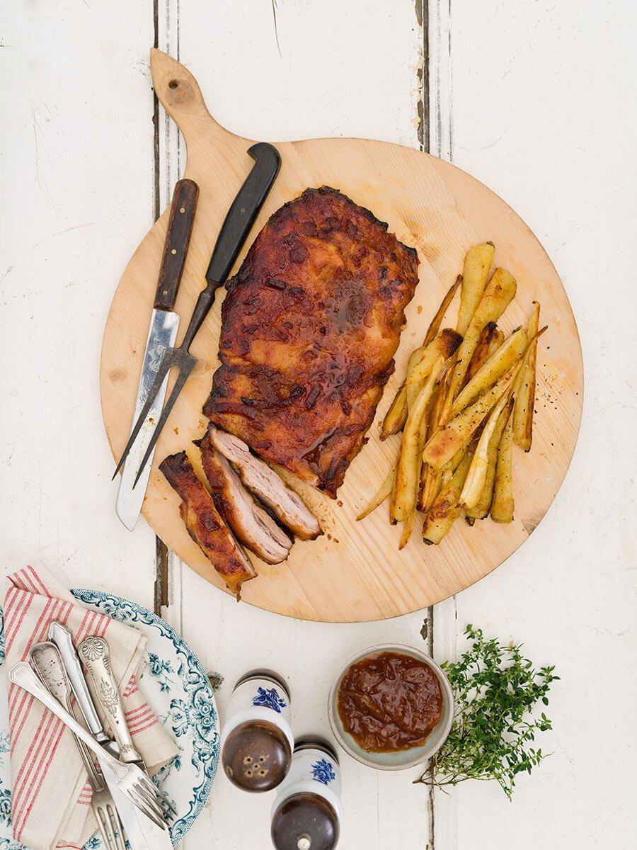 Roast pork belly with verjuice and Seville marmalade glaze