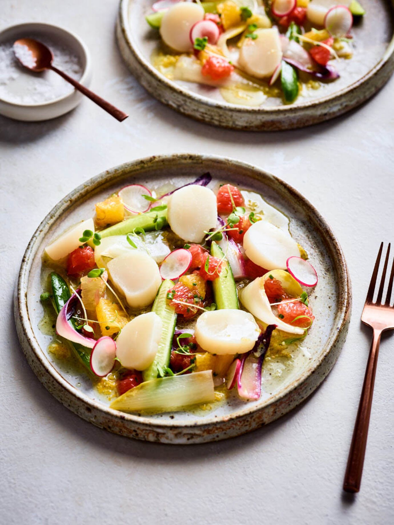 Steamed scallops, chicory, cucumber, citrus