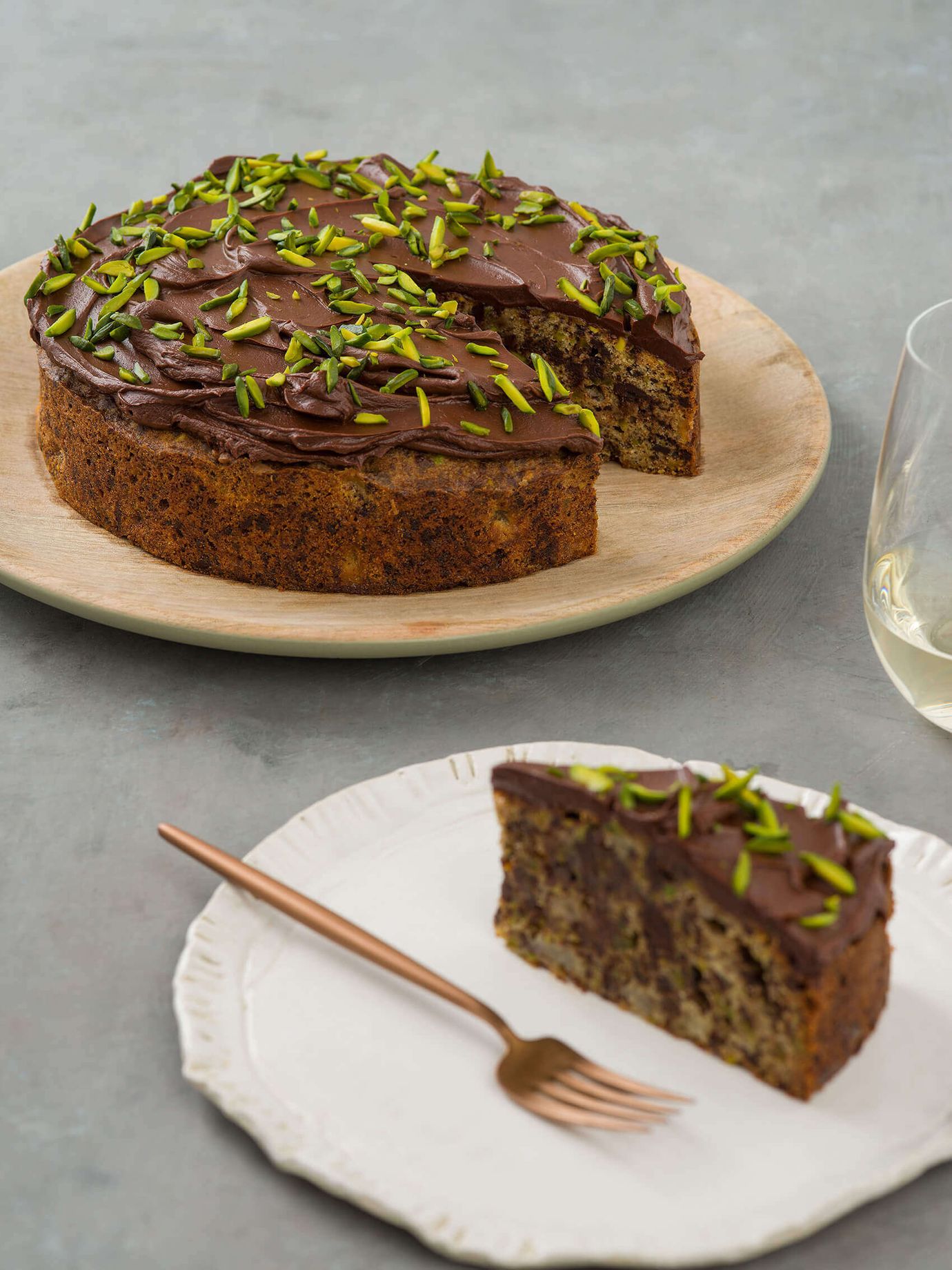 Dark chocolate, pear and pistachio cake