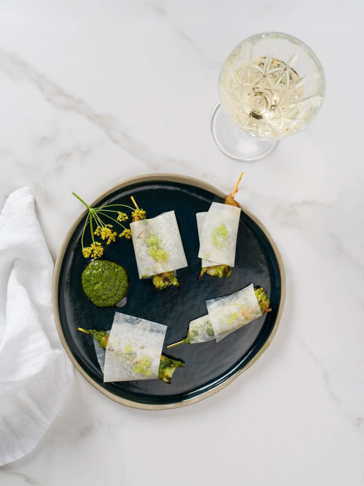 Prawns Marinated in Salsa Verde and Wrapped in Pickled Kohlrabi