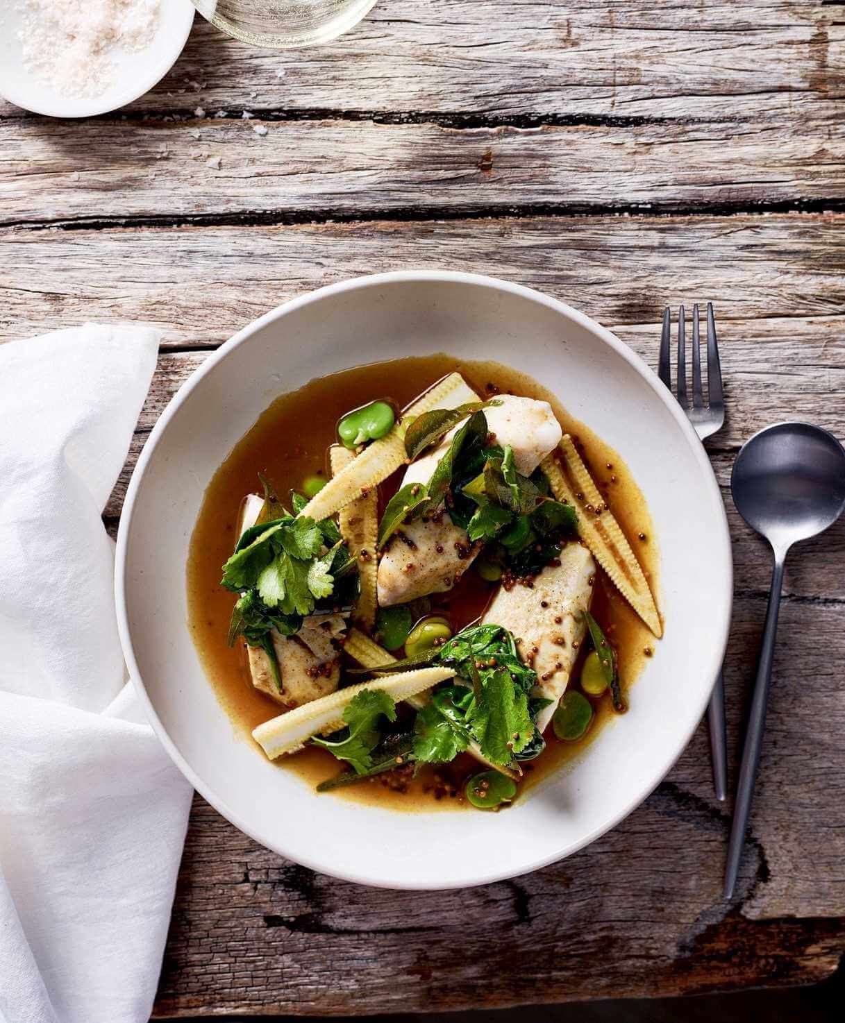 Blue cod, sweet corn, broad beans curried broth