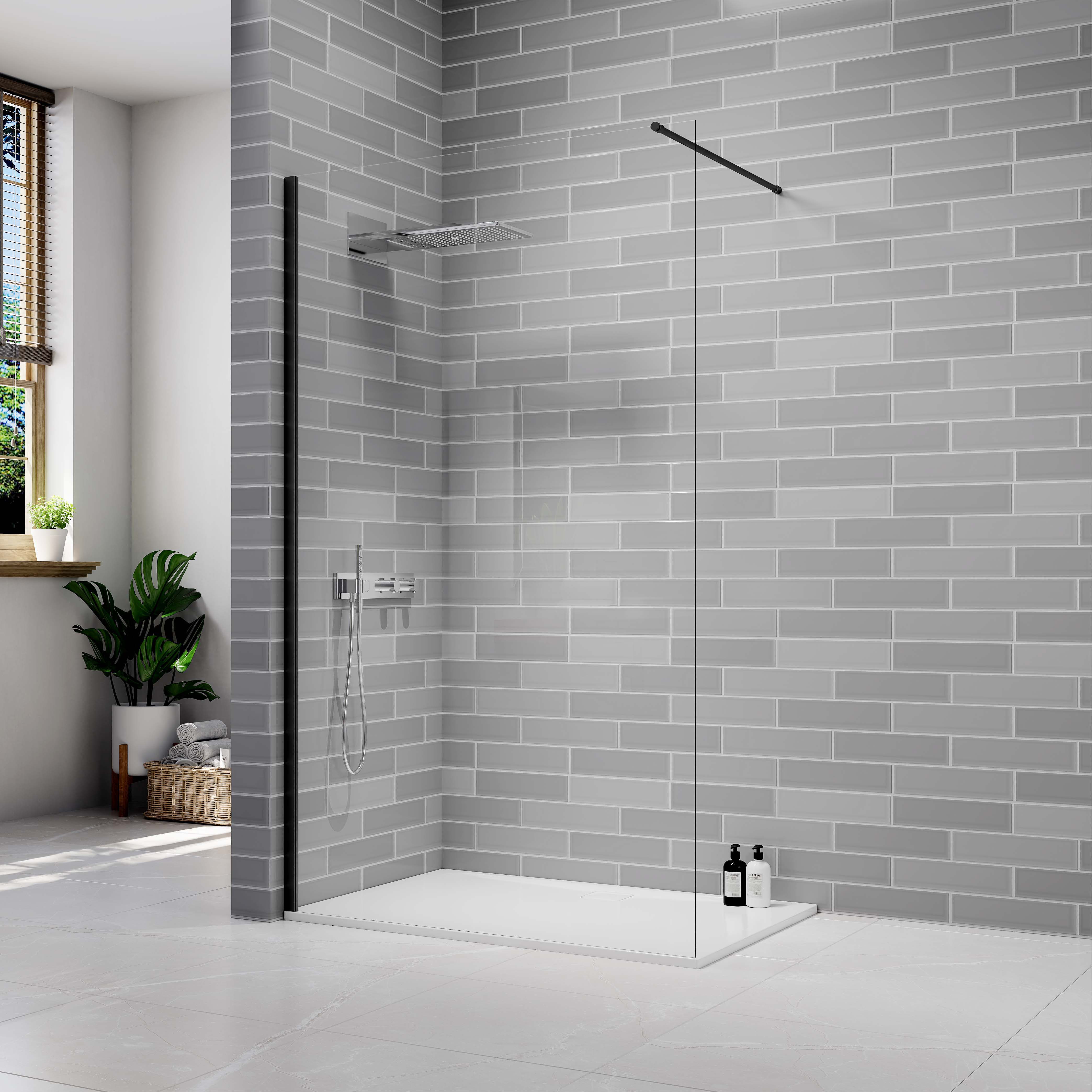 Nexa By Merlyn 8mm Black Frameless Wet Room Shower Screen with 1m Bracing Bar - 2015 x 760mm