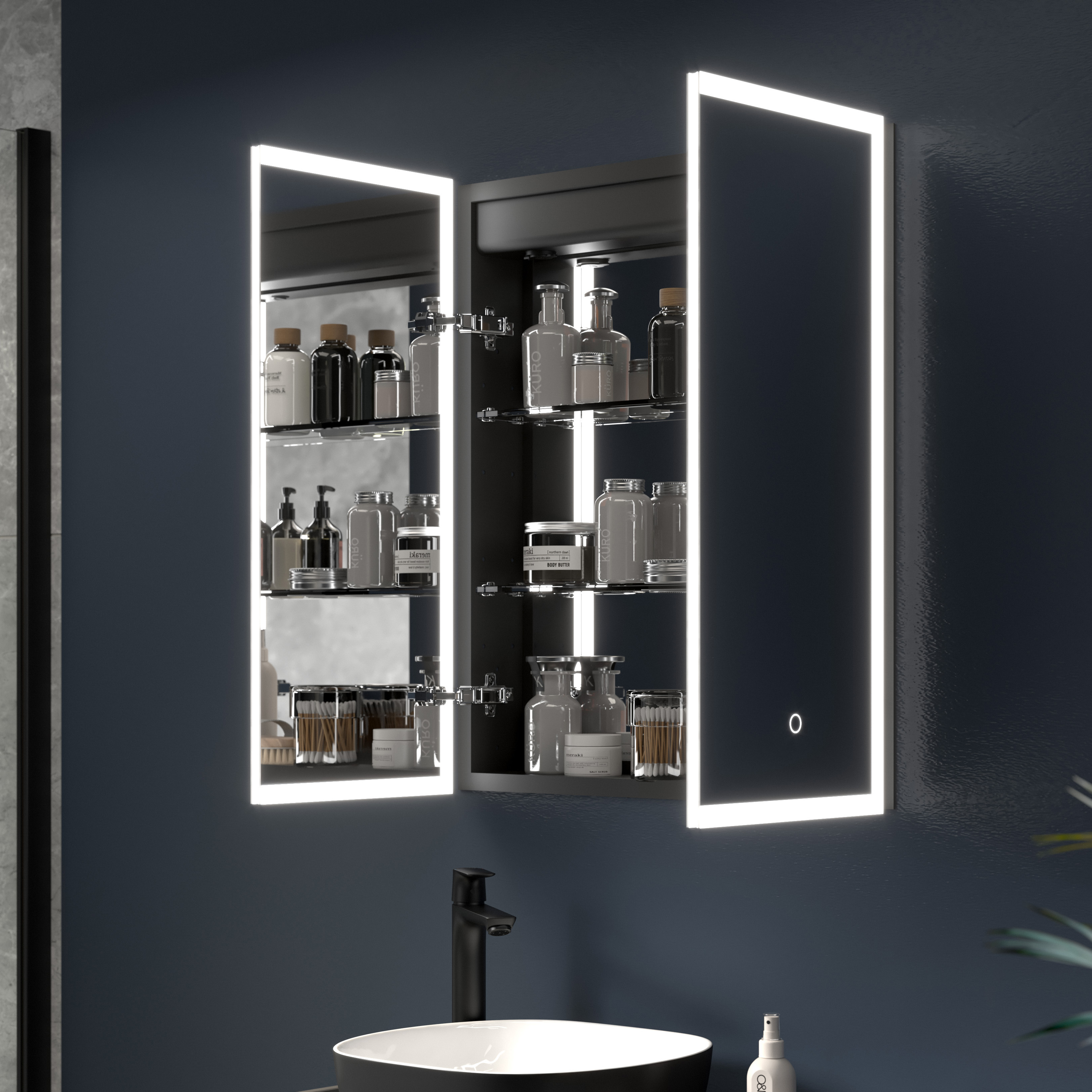 Sensio Eclipse Black Double Recessed Colour Changing LED Bathroom Mirror Cabinet - 600 x 700mm