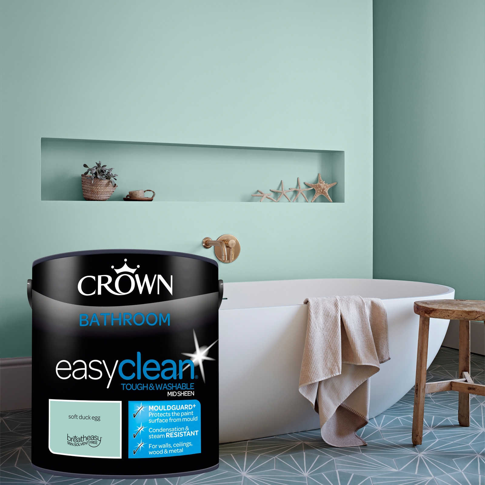 Crown Easyclean Mid Sheen Emulsion Bathroom Paint - Soft Duck Egg - 2.5L