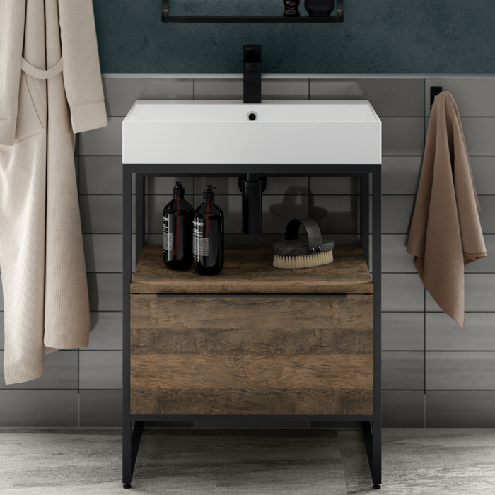 Wickes Rimini Vintage Oak Black Frame Freestanding Vanity Unit & Basin - 850 x 600mm