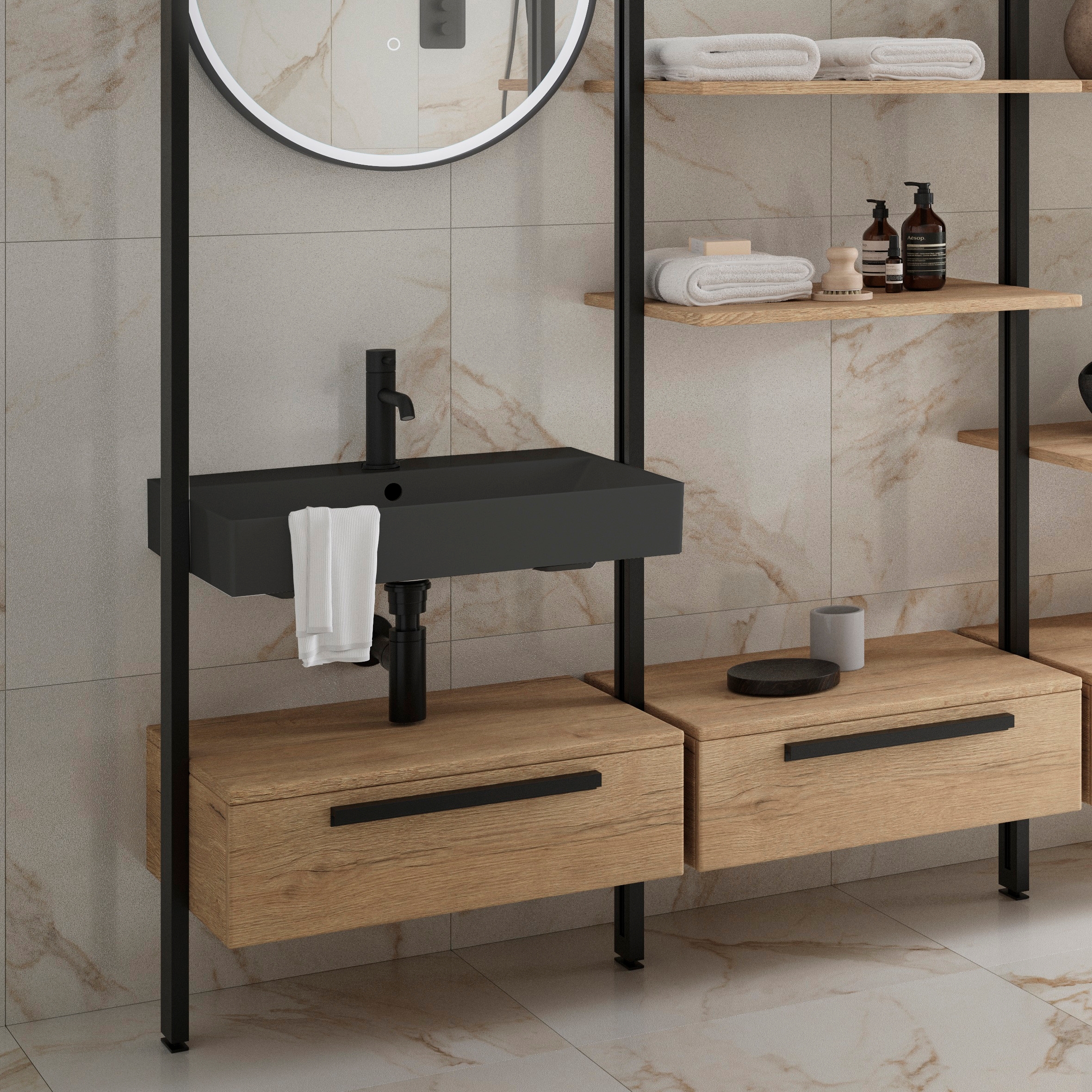 Wickes Rimini Wall System Vanity & Tower Unit with Shelves & Black Basin - 1800mm