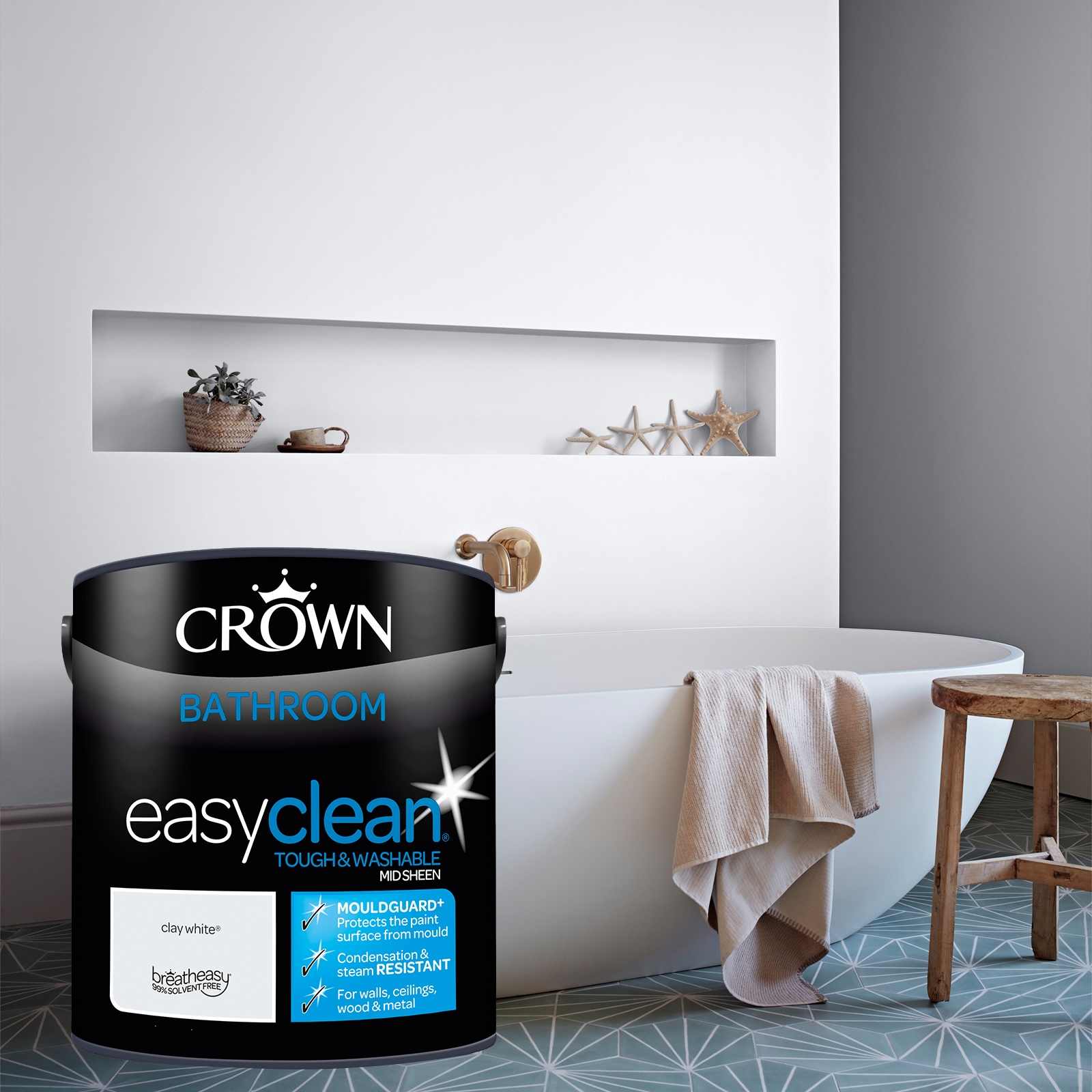 Crown Easyclean Mid Sheen Emulsion Bathroom Paint - Clay White - 2.5L