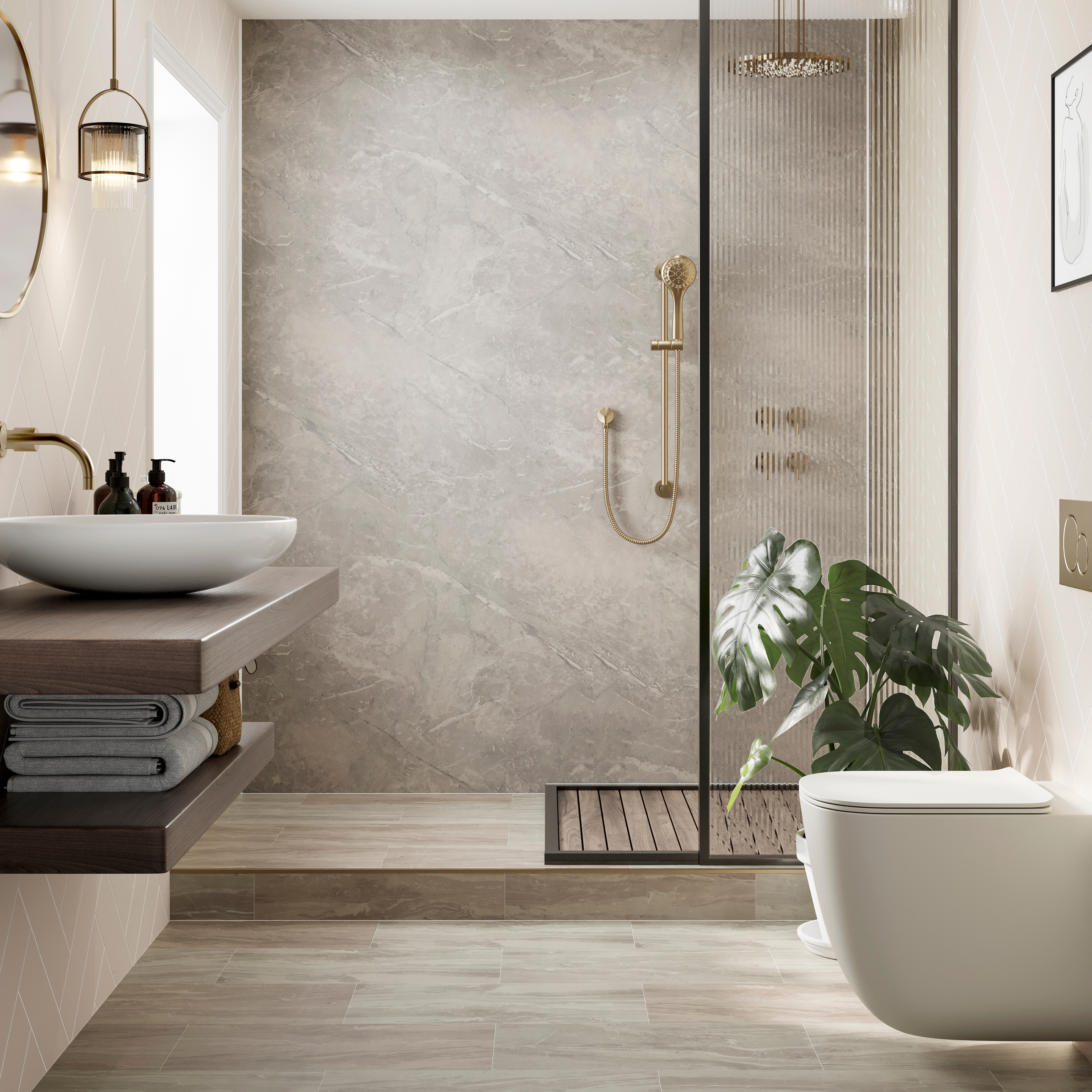 Multipanel Hydrolock Taupe Grey Herringbone Tile Effect Shower Panel - 2400 x 598 x 11mm