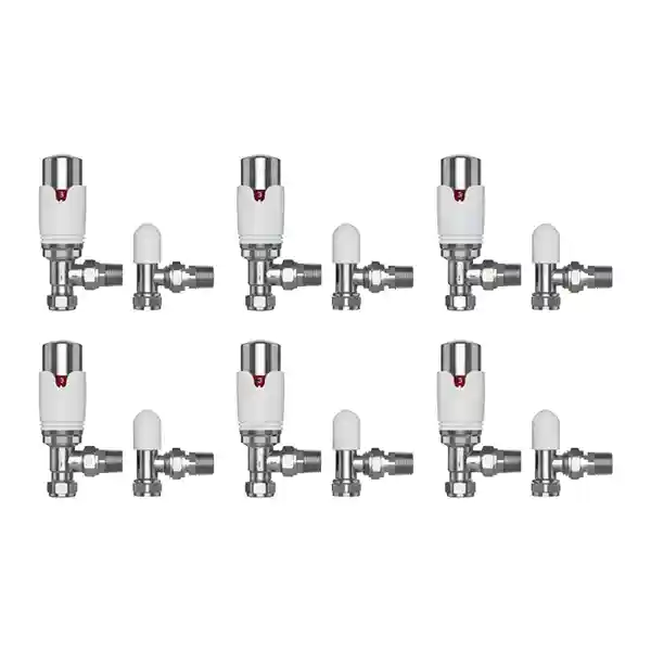 PRO Plus White & Chrome Angled Thermostatic Radiator Valve & Lockshield 15mm - Pack of 6
