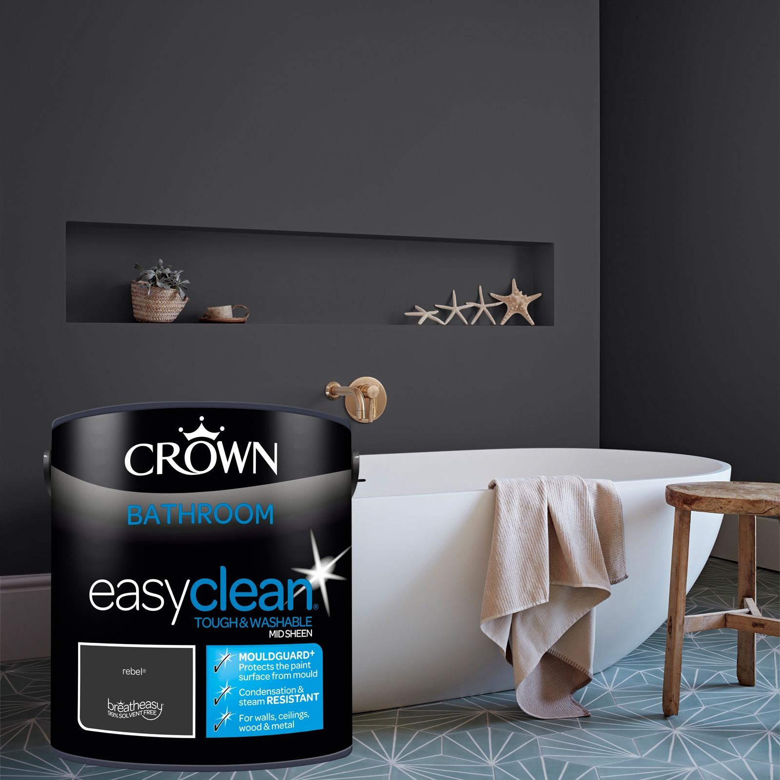 Crown Easyclean Mid Sheen Emulsion Bathroom Paint - Rebel - 2.5L