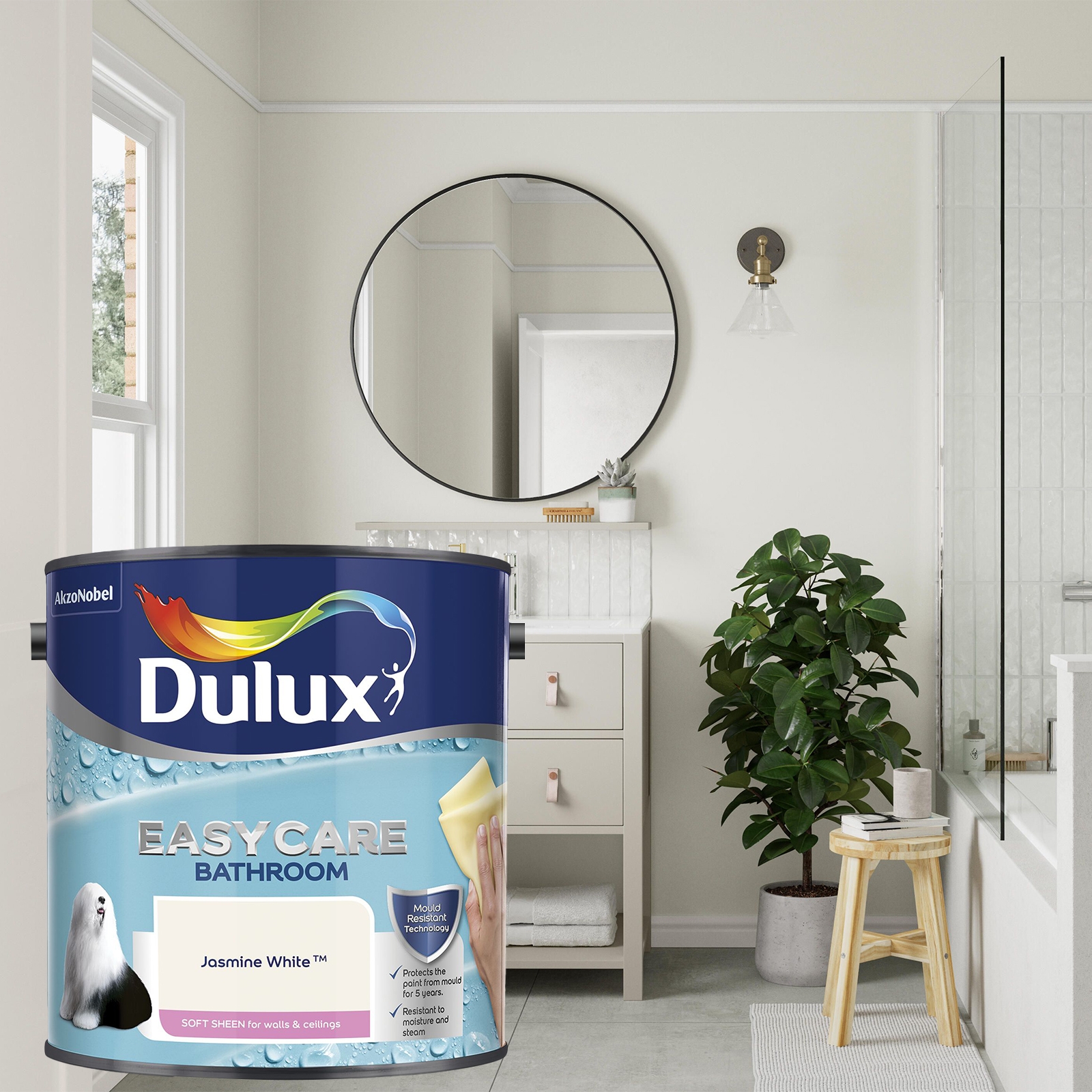 Dulux Easycare Bathroom Soft Sheen Emulsion Paint - Jasmine White - 2.5L