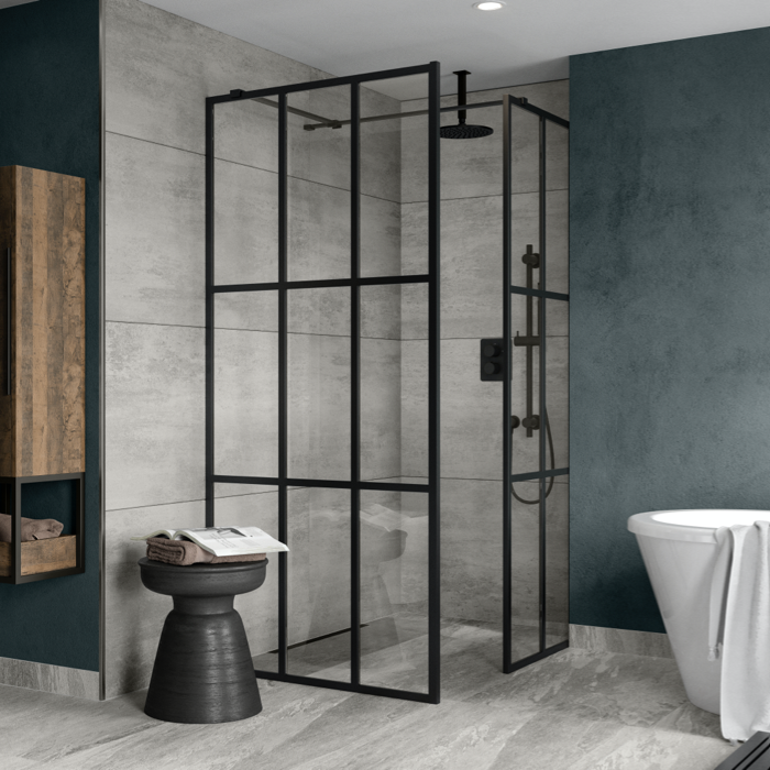 Nexa By Merlyn Hoxton 8mm Black Grid Frameless Wet Room Shower Screen with 1m Bracing Bar - 1200mm