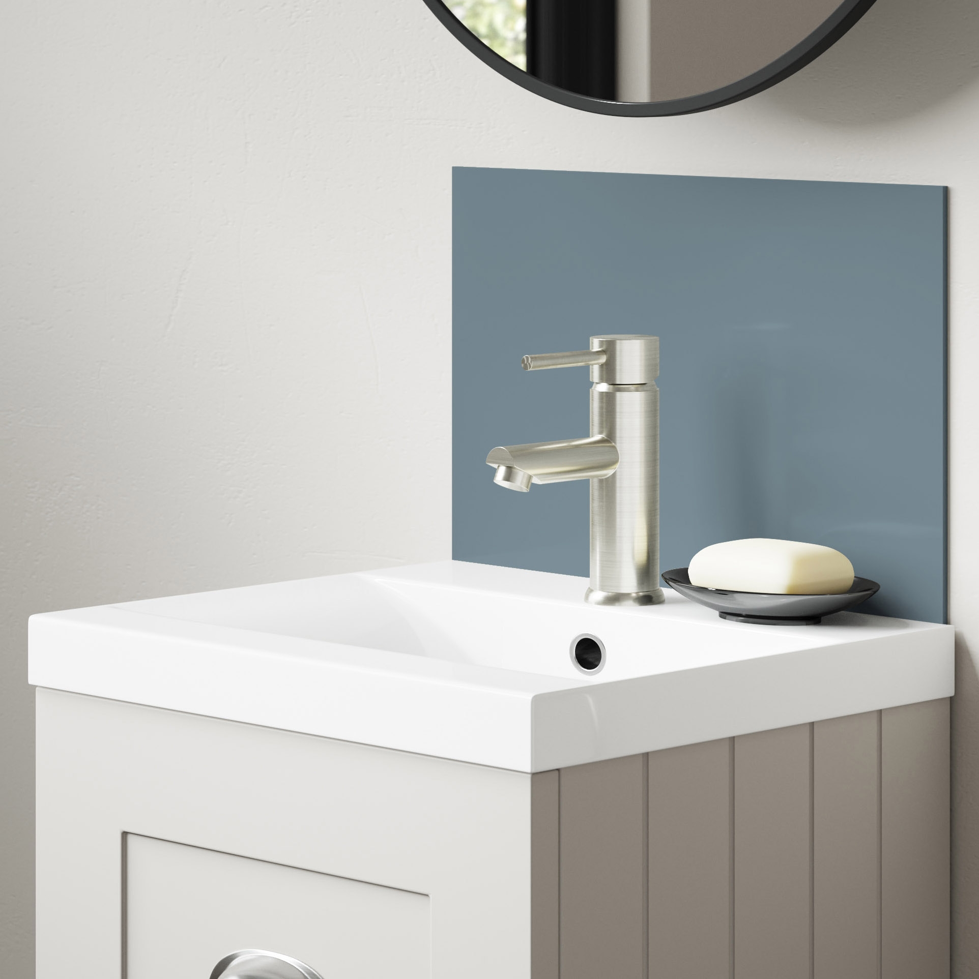 Mermaid Double Sided Glacier White / Neptune Blue Alloy Bathroom Splashback - 600 x 250mm