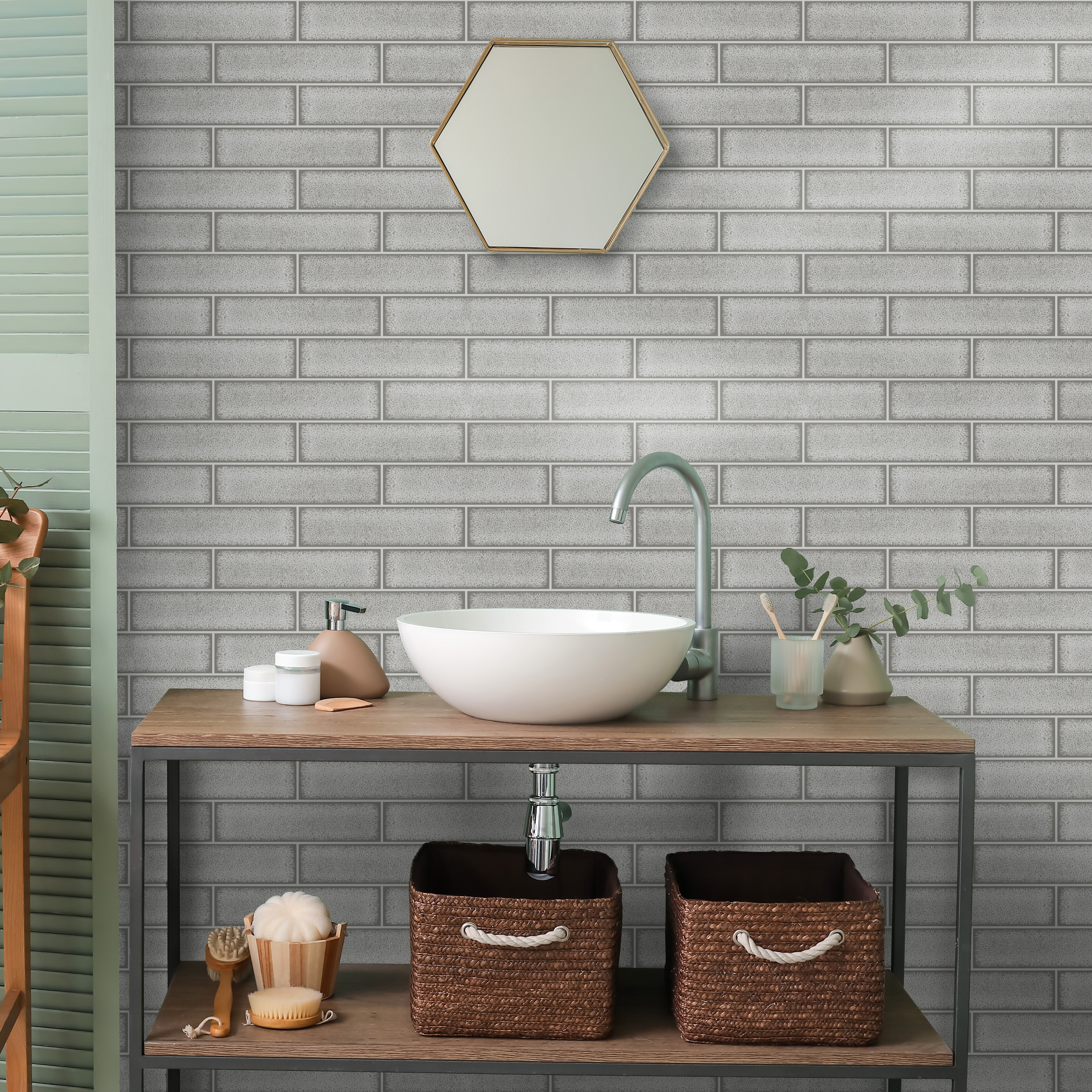 Holden Decor Celadon Gloss Tile Grey Wallpaper - 10.05m x 53cm