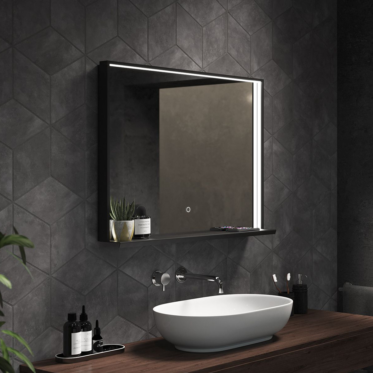 Sensio Hobart Colour Changing Matt Black LED Mirror with QI Charger - 800 x 600mm