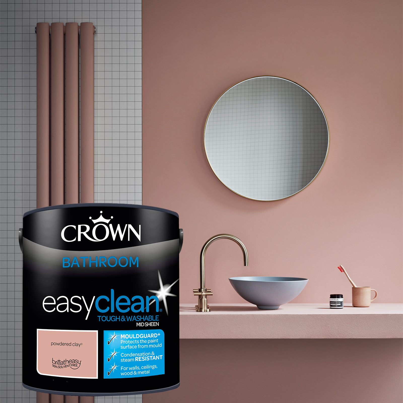 Crown Easyclean Mid Sheen Emulsion Bathroom Paint - Powdered Clay - 2.5L
