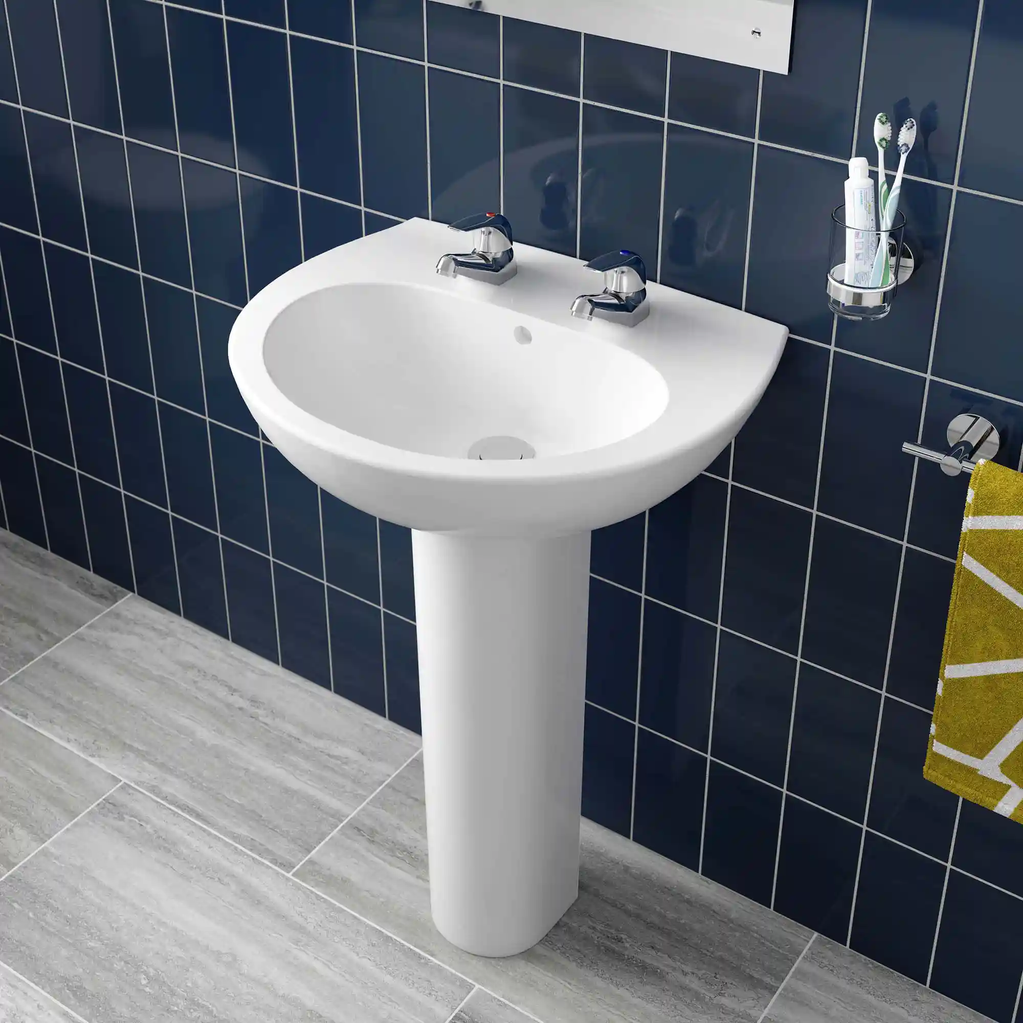 Wickes Portland 2 Tap Hole Ceramic Bathroom Basin with Full Pedestal - 550mm