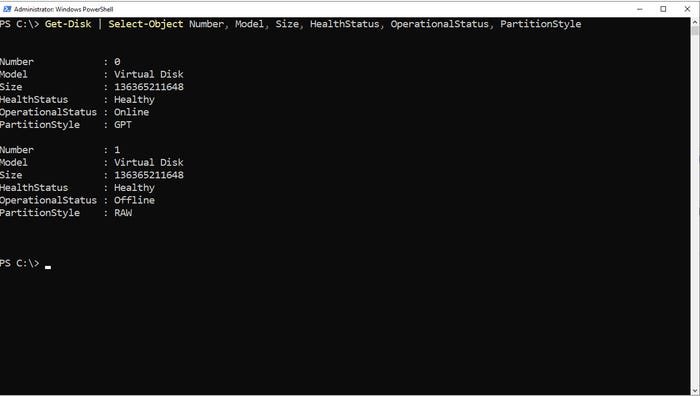 Screenshot shows PowerShell Get-Disk cmdlet in use Screenshot shows PowerShell Get-Disk cmdlet in use