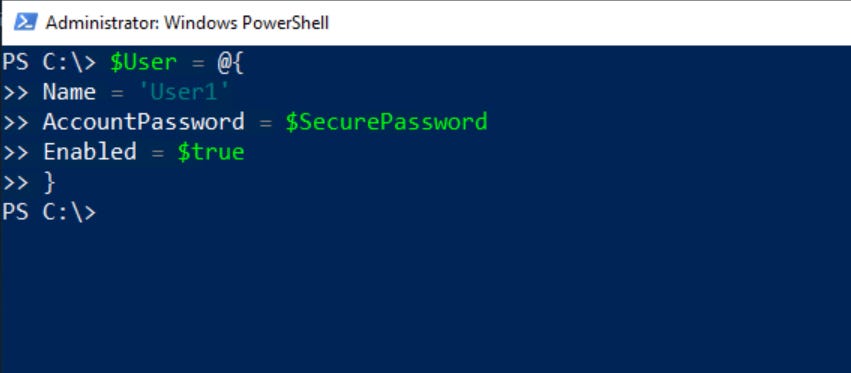 PowerShell showing an array with the account attributes