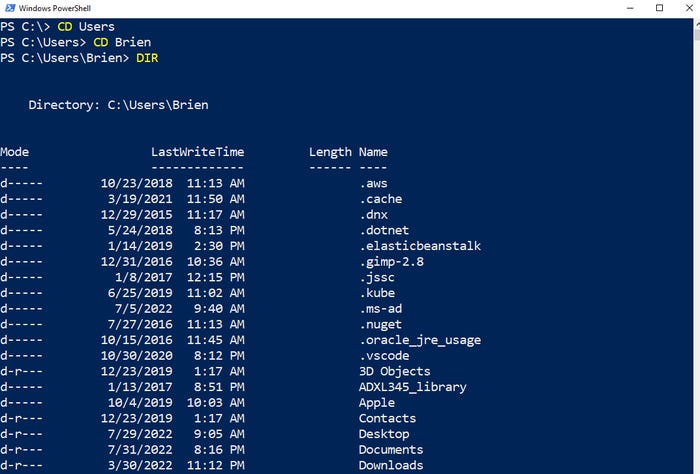 PowerShell screen shows use of DIR command