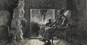 John Leech illustration of Ebenezer Scrooge being visited by a ghost John Leech illustration of Ebenezer Scrooge being visited by a ghost