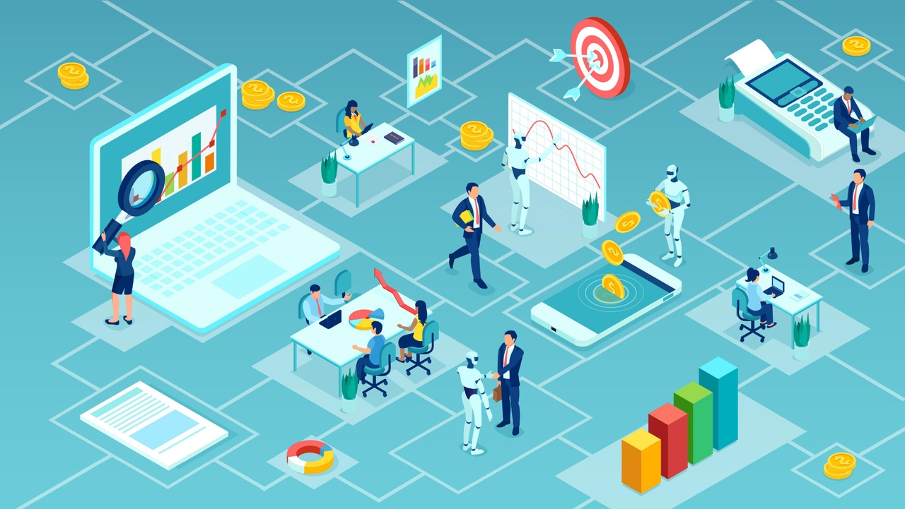 Vector of business people working together with robots Vector of business people working together with robots