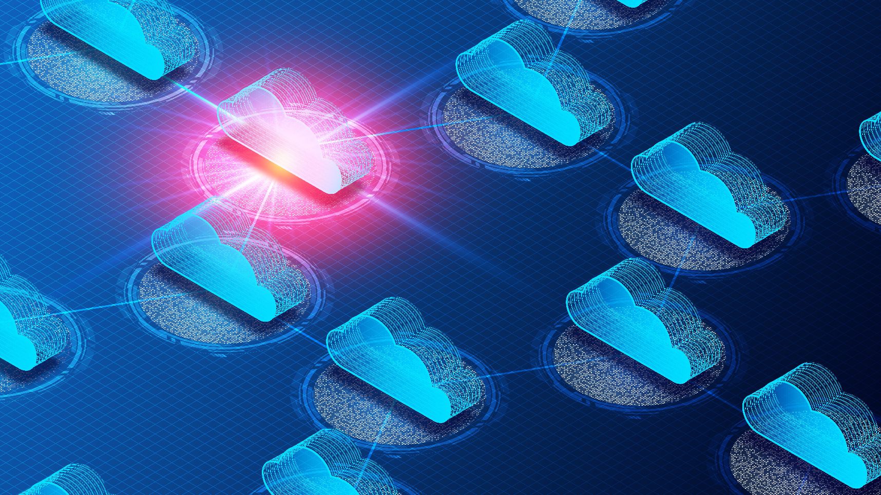 several cloud icons with one cloud marked red to indicate a security incident