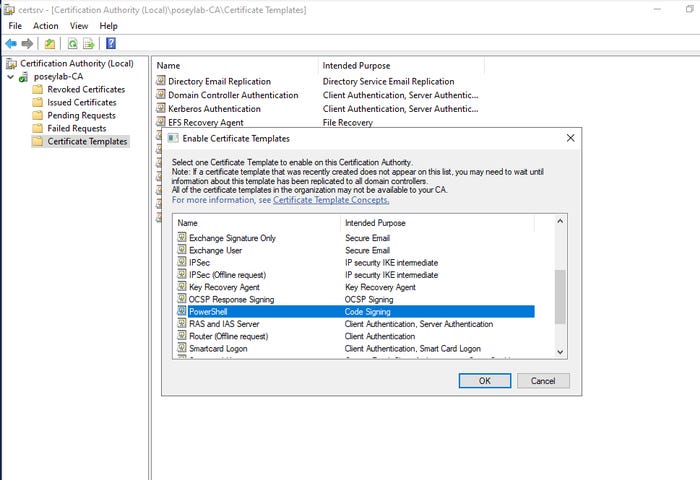 Screenshot shows Enable Certificate Templates window and PowerShell certificate template selected