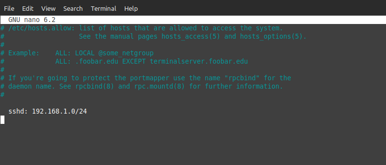screenshot showing how to open and modify the hosts.allow configuration file to enabled access to an IP address range