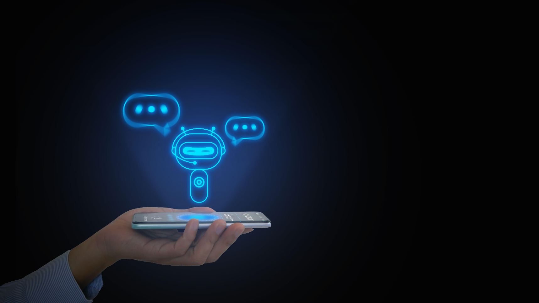 hand holding smartphone with digital AI chatbot