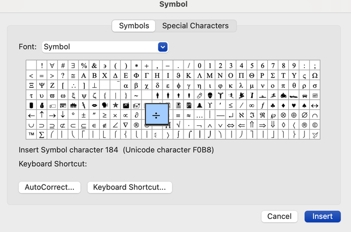 Microsoft Word’s Advanced Symbols library is another place to find the division symbol. 