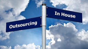 two road signs--one "outsourcing" and the other "in-house" two road signs--one "outsourcing" and the other "in-house"