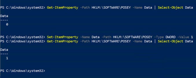A PowerShell screenshot shows the Set-ItemProperty cmdlet being used to change a registry value