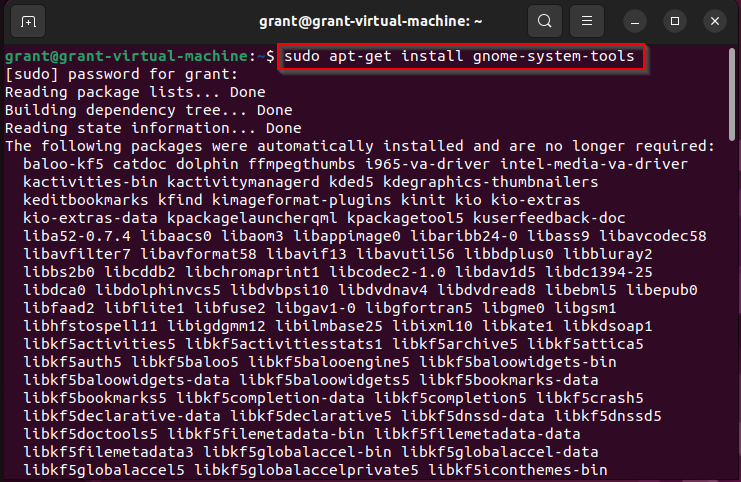 shows how to install the Gnome Users and Groups tool using the sudo apt-get install gnome-system-tools command