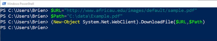 Screenshot shows New-Object cmdlet used to download a file in PowerShell