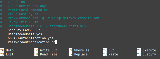 screenshot showing how to turn off password authentication by modifying the ssh_config file