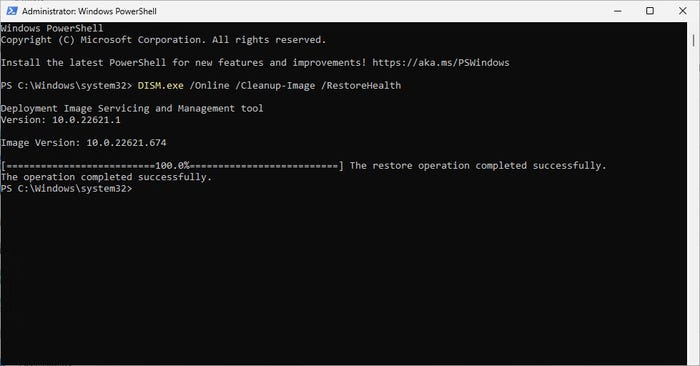 Screenshot of DISM tool showing that it has successfully cleaned up the Windows system
