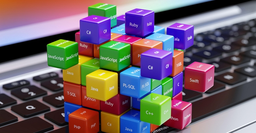 programming languages in colorful boxes on a keyboard