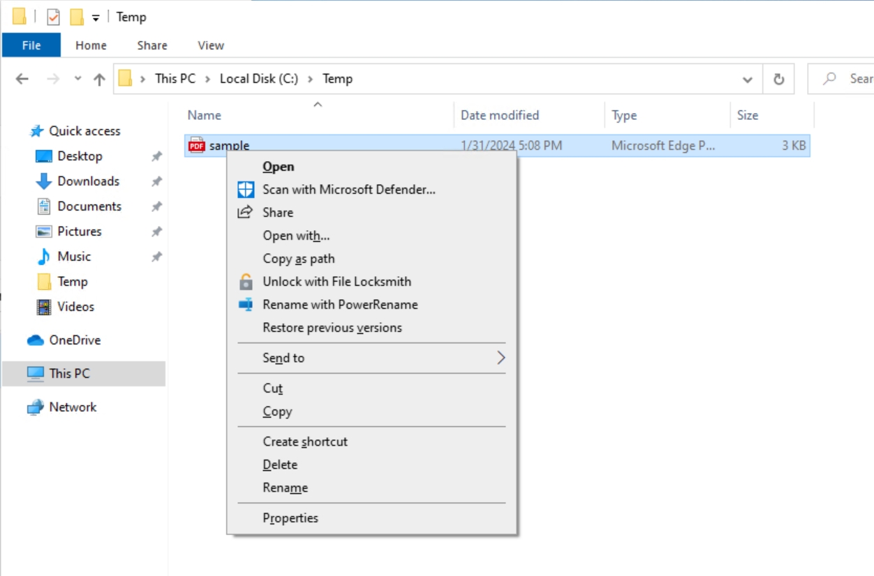 Demonstration of accessing File Locksmith by holding down the Shift key and right-clicking on a locked file