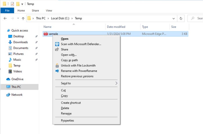 Demonstration of accessing File Locksmith by holding down the Shift key and right-clicking on a locked file Demonstration of accessing File Locksmith by holding down the Shift key and right-clicking on a locked file