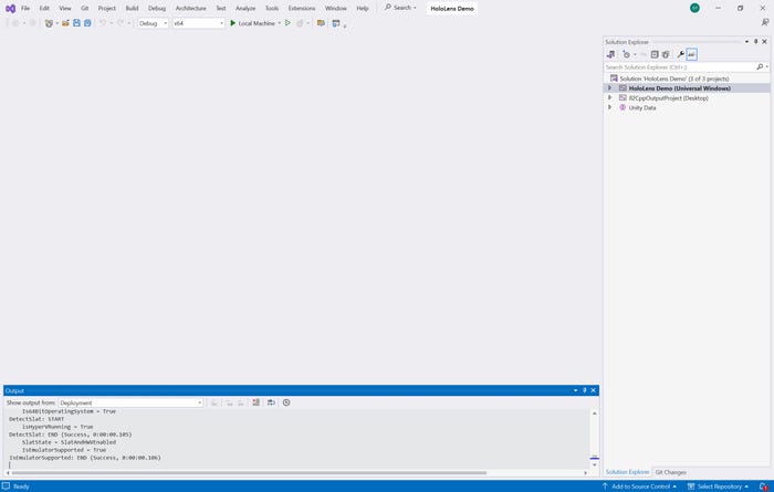 screenshot of Visual Studio with HoloLens Demo file open screenshot of Visual Studio with HoloLens Demo file open