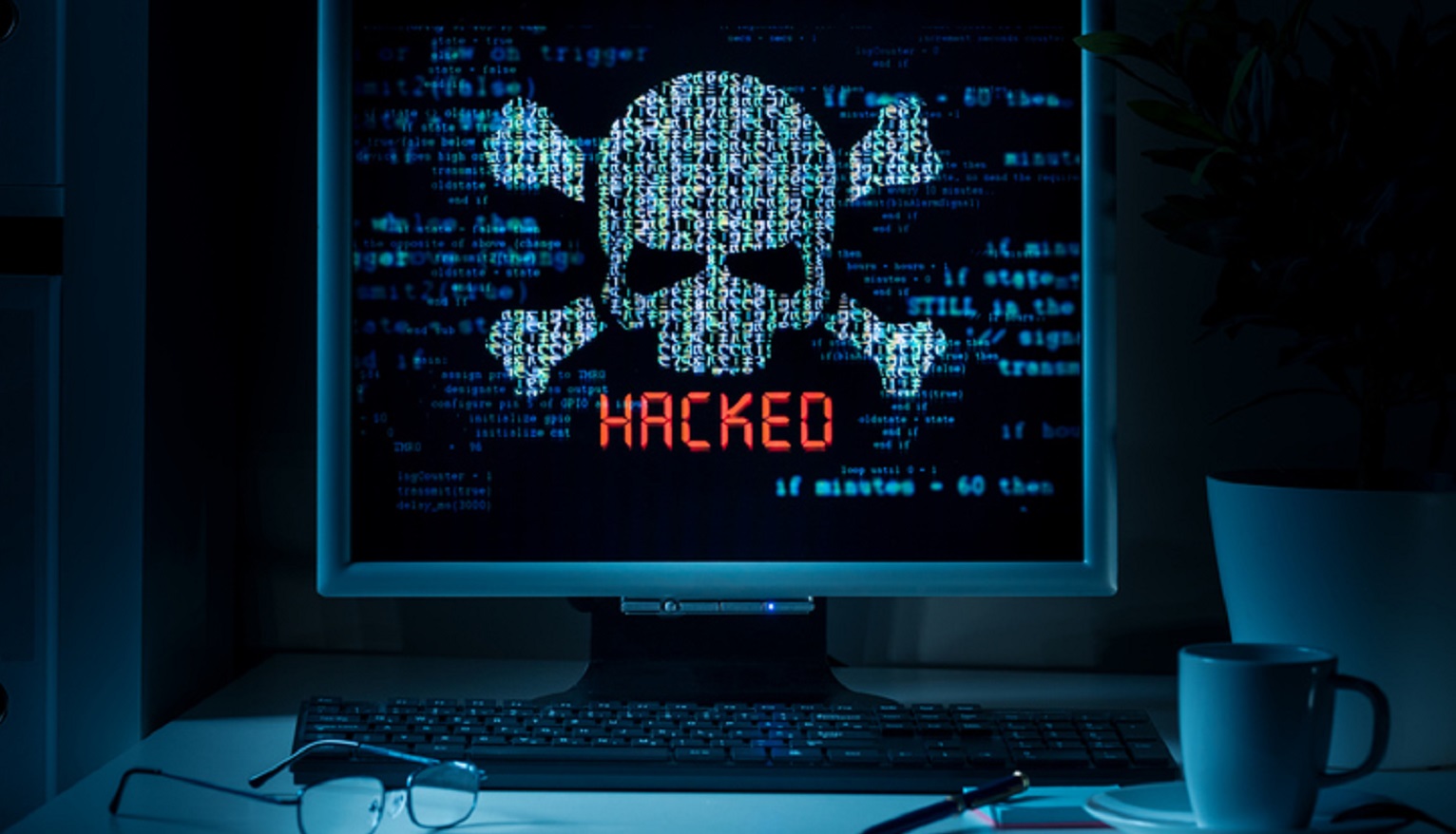 Warning message on computer's screen. Cybercrime concept.