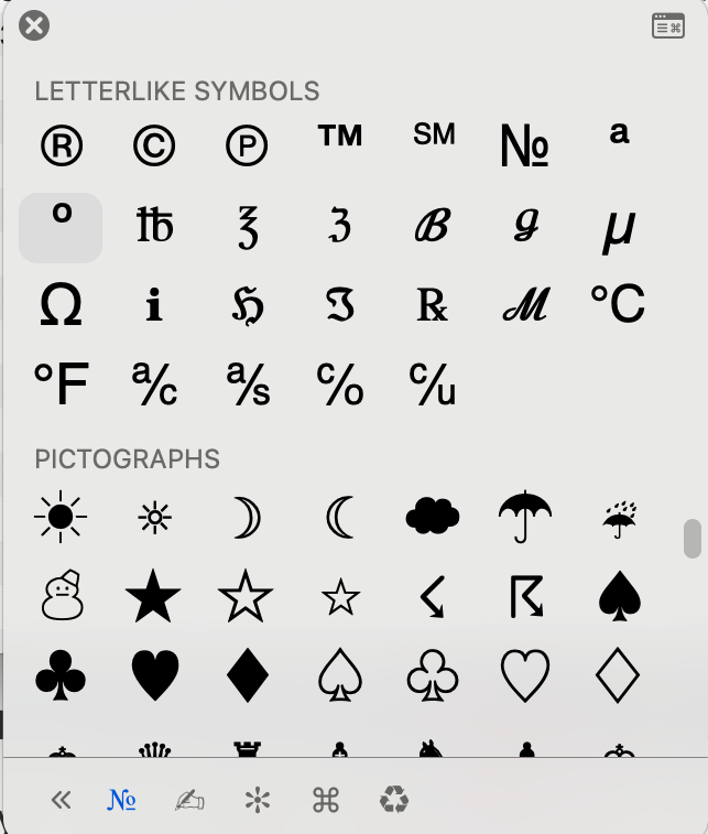 Mac IOs Emojis & Symbols menu