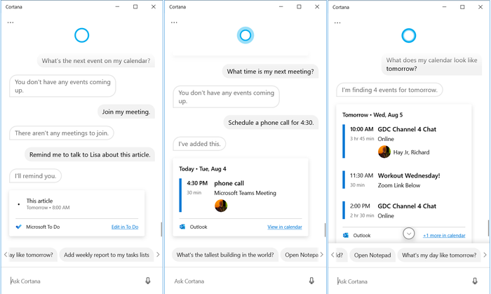 Cortana App for Windows 10 examples