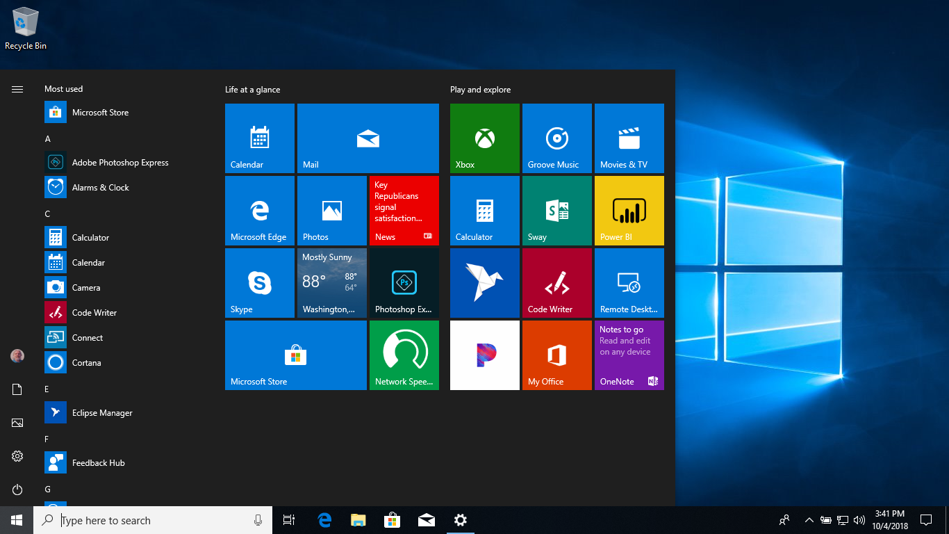 Windows 10 Enterprise Desktop and Start Menu
