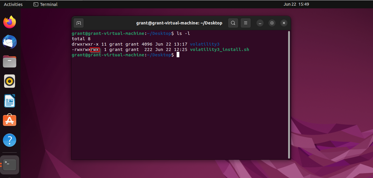 Screenshot of Linux shows the three bits that represent the all other users and groups role