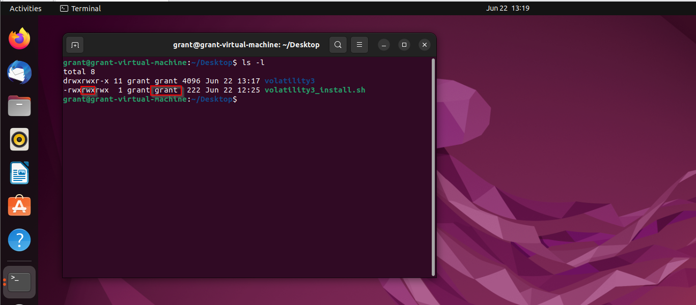 Screenshot of Linux highlights the three bits that represent the group role
