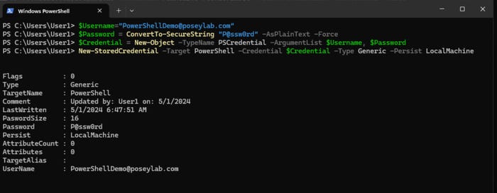 PowerShell screenshot demonstrates that a credential has been written to the Windows Credential Manager PowerShell screenshot demonstrates that a credential has been written to the Windows Credential Manager